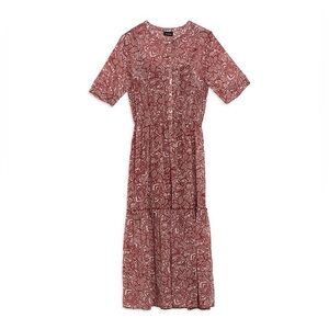 Who What Wear Brick Red Cream Floral Paisley Ruffle Midi Prairie Dress with Slip
